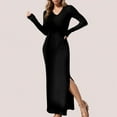 thumbnail image 2 of Oksale Sweater Dress for Women 2025 Slim Fit Ribbed Knit Dresses Trendy Side Split Full Length Dress Casual V Neck Lapel Dresses Elegant Soft Long Sleeve Dress 2025 Black L, 2 of 6