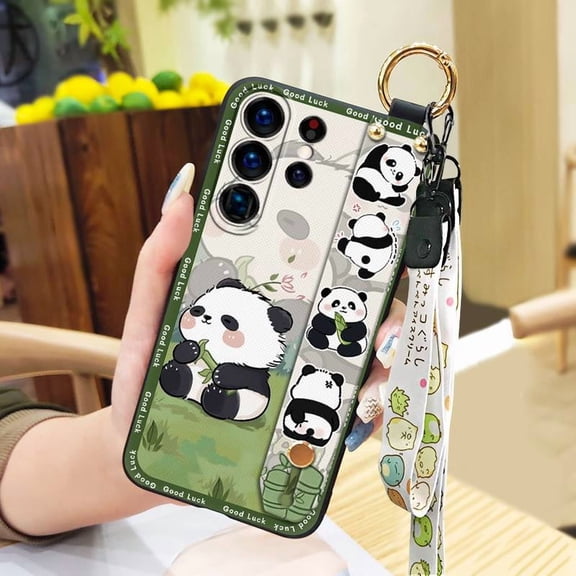 KBS-Phone Case For Samsung Galaxy S25 Ultra, Anti-knock Silicone Soft case Protective Ring Fashion Design Dirt-resistant Durable Anti-dust Cartoon Back Cover Cute Panda Kickstand Lanyard
