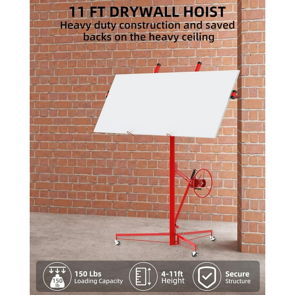 Rugerasy 11 Ft Drywall Lift,Drywall Rolling Lifter Panel,150LBS Heavy Duty Sheetrock Lift Drywall Lifter,Drywall Lift Panel Hoist Jack with 360° Adjustable Telescopic Arm & 3 Lockable Wheels,Red