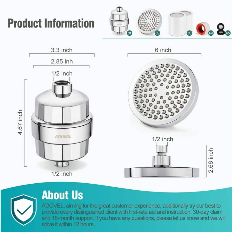 ADOVEL High Output Shower Head and Hard Water Filter, 15 Stage Shower  Filter Removes Chlorine & Harmful Substances, Water Softener Showerhead for