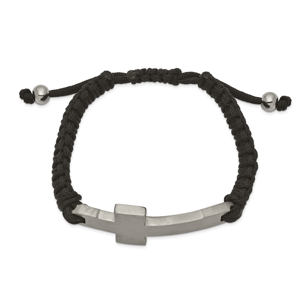 Diamond2Deal Stainless Steel Brushed and Polished Cross Black Nylon Adjustable Bracelet for Men