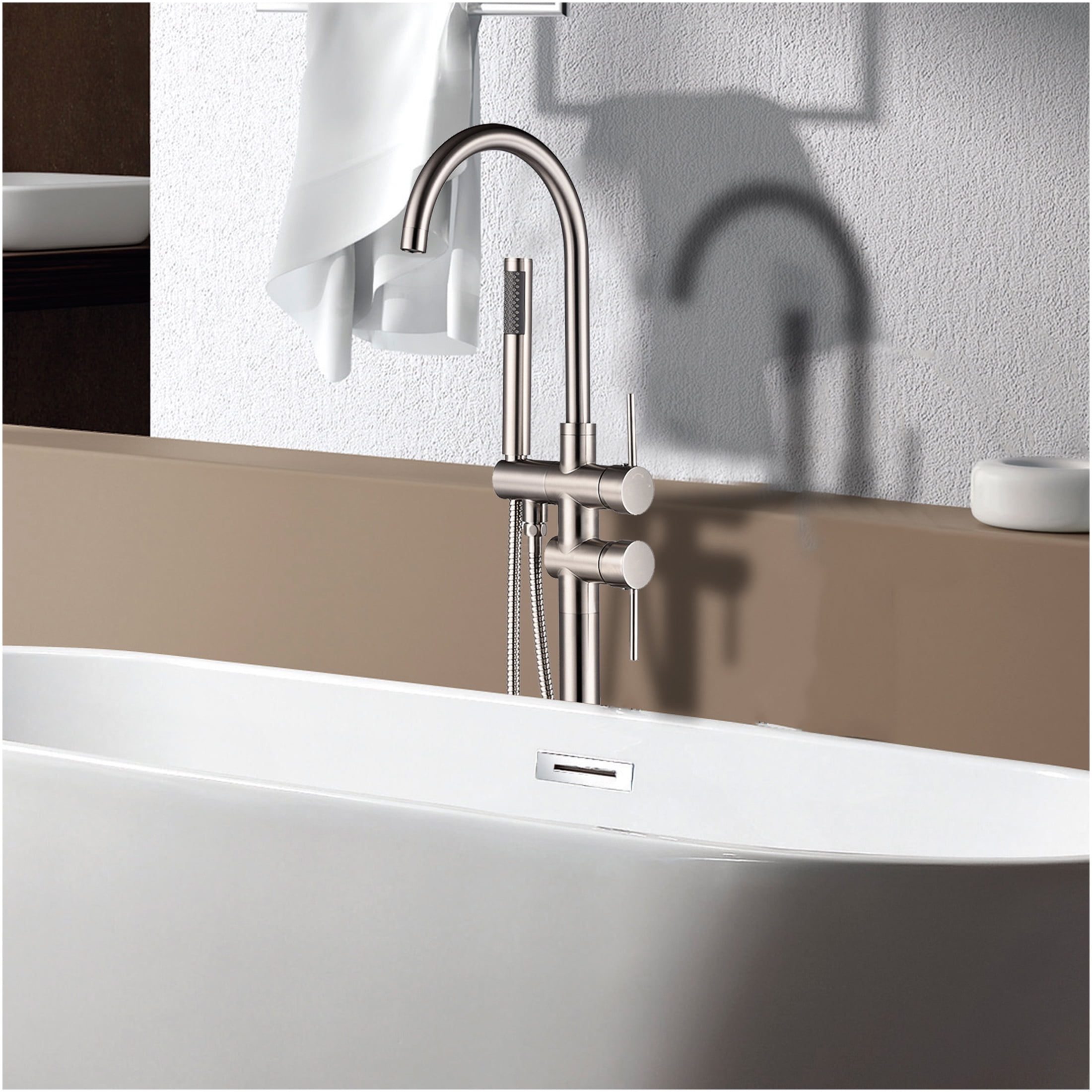 JERFIT Freestanding Modern Bathtub Faucet with Hand Shower, Brushed Nickel Finish, 3.9 GPM High Flow, Durable Metal Construction for Bathroom