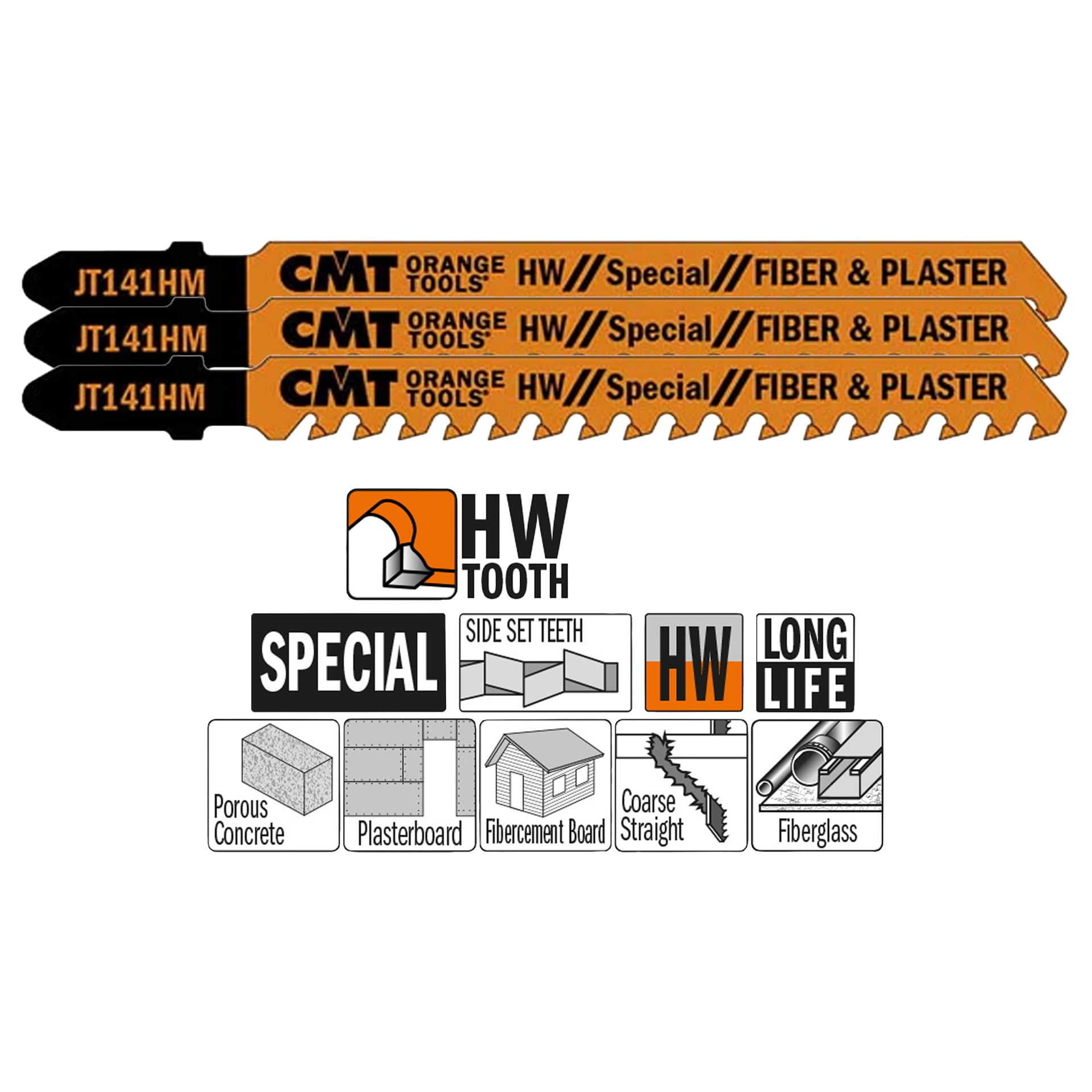CMT JT141HM-3 3Pcs Blades Fiber and Plaster for Reciprocating Saws DCS387, RS428, and XRJ05Z