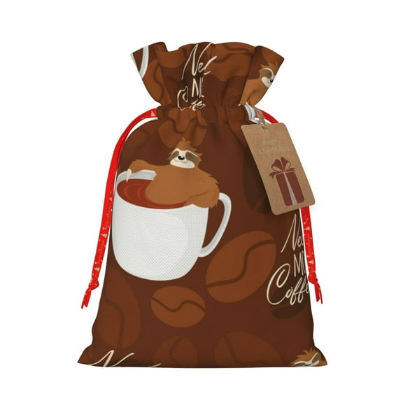Naloa Sloths Need More Coffee Drawstring Christmas Bags, 3D Xmas Gift Bags, Christmas Wrapping Bags, Xmas Goodie Bags, Treat Pouch Bags, Party Favor Bags-Small