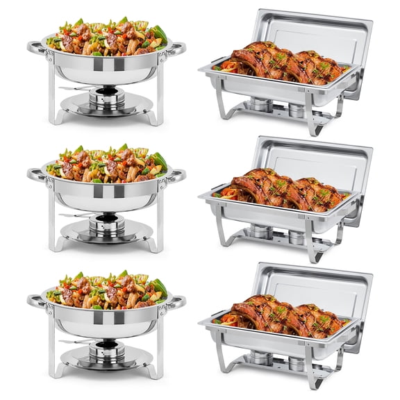 Chafing Dish Buffet Set, 8 Qt Rectangle & 5 Qt Round Stainless Steel Chafers and Food Warmer Sets with Lid, Food & Water Pan and Fuel Holder for Events, Parties & Holiday Catering