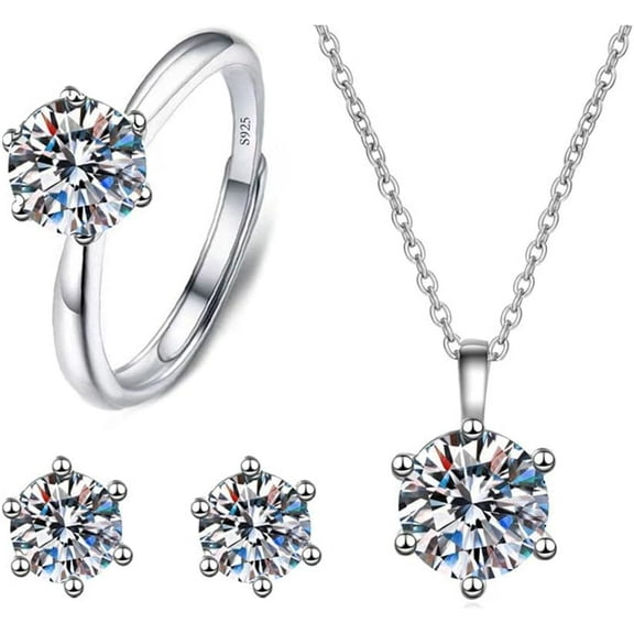 Silver Jewellery Set for Women, 925 Sterling Silver Pendant Necklace Ring and Earrings Set, 3A Cubic Zirconia Crystal Jewelry Set ideal for Wedding Engagement Birthday[c391]