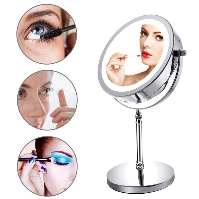 Espejo de maquillaje iluminado con aumento de 1X/10X, espejo de tocador LED de 7 pulgadas con luz diurna blanca de dos lados sin sombras, funciona con pilas y cable USB (incluye 3 pilas