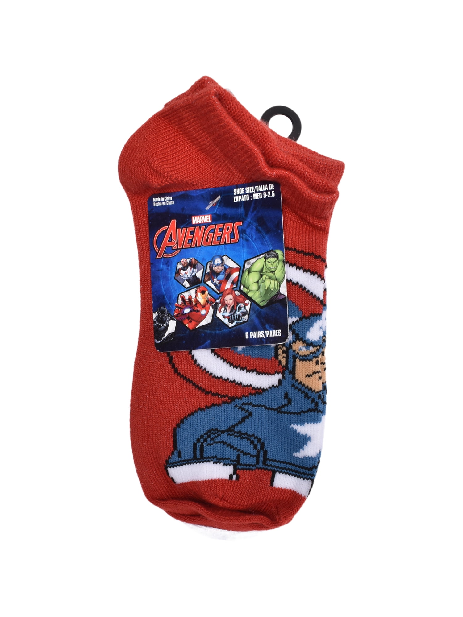 Marvel's Captain America Boys No Show Socks, 6 Pairs, Sizes S (4-8.5) - L (3-9)