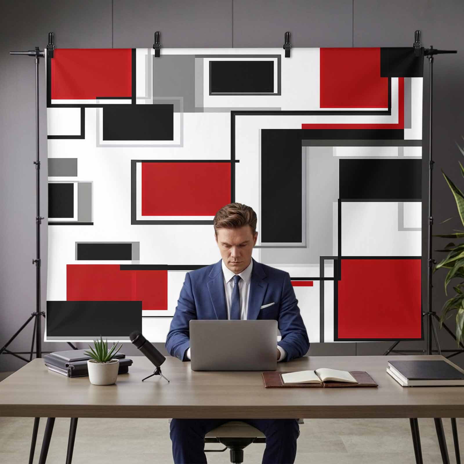 Abstract Space Design Sense Backdrop for Photography, Red Black Stitching Suqare Photo Backdrop Portrait Background Party Banner Photo Backgrounds for Studio Booth Props, 7x5ft