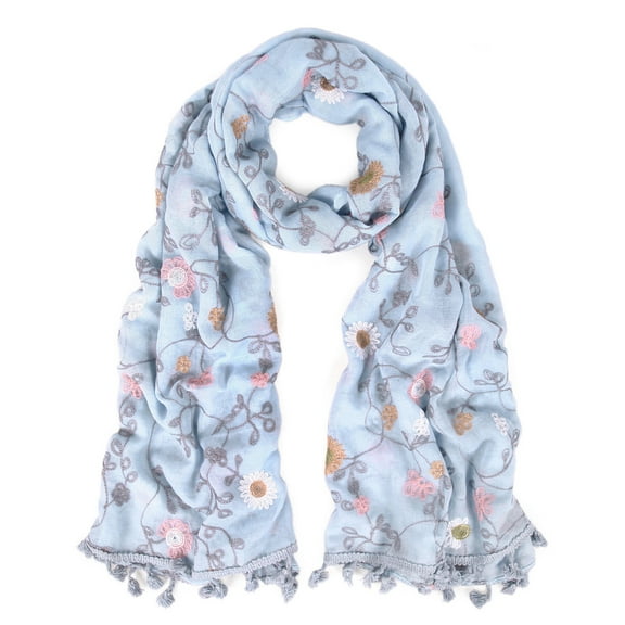 Premium Embroidered Floral Dainty Tassel Hem Scarf Wrap Shawl