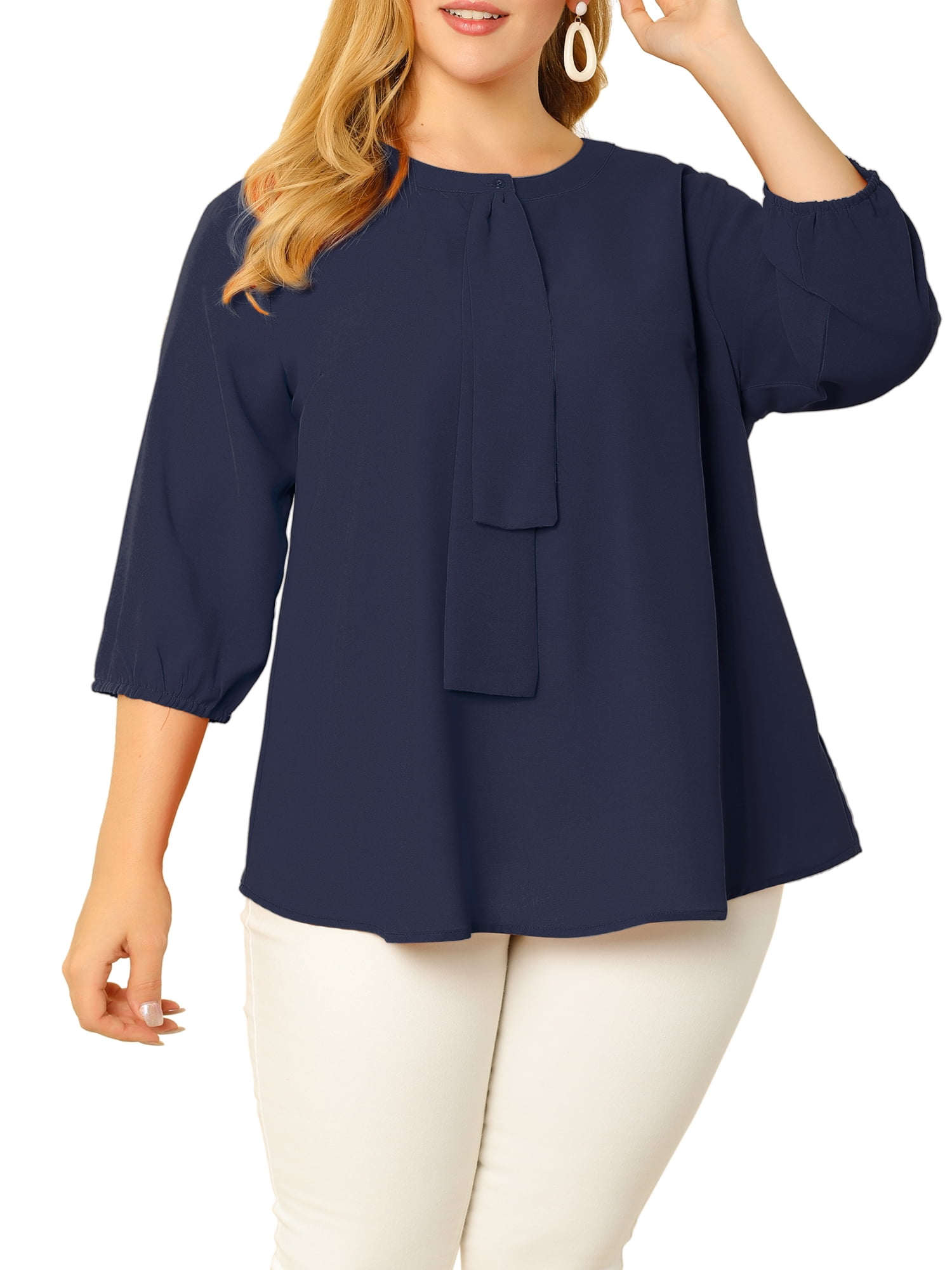 Unique Bargains Juniors' Plus Size Work Round Neck Ruffle Chiffon Blouse Top Navy Blue 3X