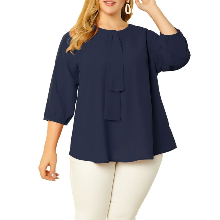 Unique Bargains Juniors Plus Size Work Round Neck Ruffle Chiffon Blouse Top Navy Blue 4X Walmart