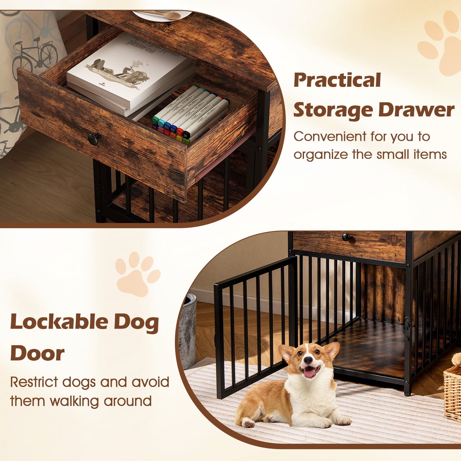 Gymax Versatile Dog Crate w/Charging Station Storage Drawer Lockable Door 2 AC Outlets