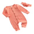 thumbnail image 2 of EIMELI 2Pcs Baby Girls Outfit Solid Color Single-breasted Long Sleeve Romper with Pocket Headband Fall Outfits Set, 2 of 6