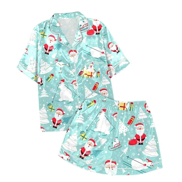 WEAIXIMIUNG Ensemble de Pyjama de Noël Décontracté pour Enfants, Col Boutonné, Manches Courtes, Shorts, 4-5 Ans