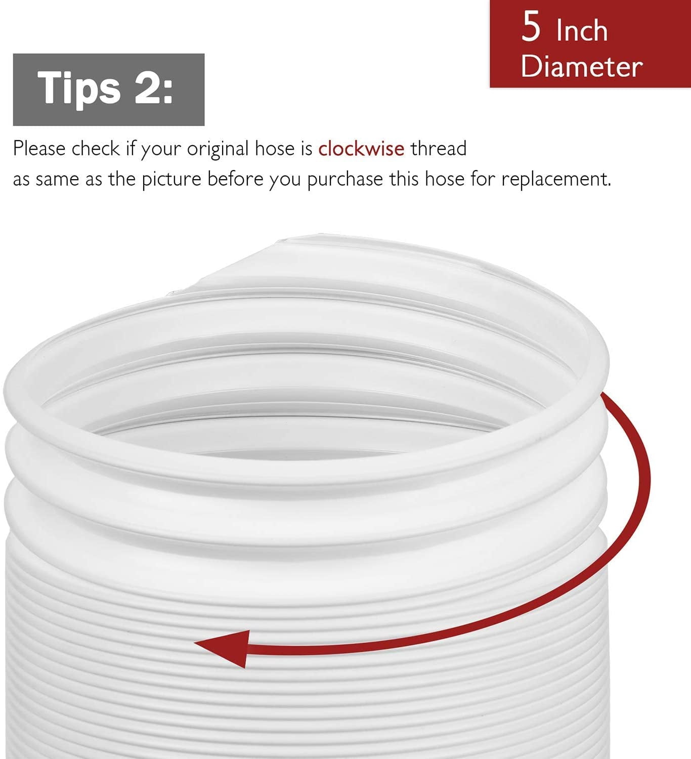 TURBRO Portable Air Conditioner Universal Exhaust Hose - 5 Inch Diameter, 78 Inch Length, Clockwise Thread