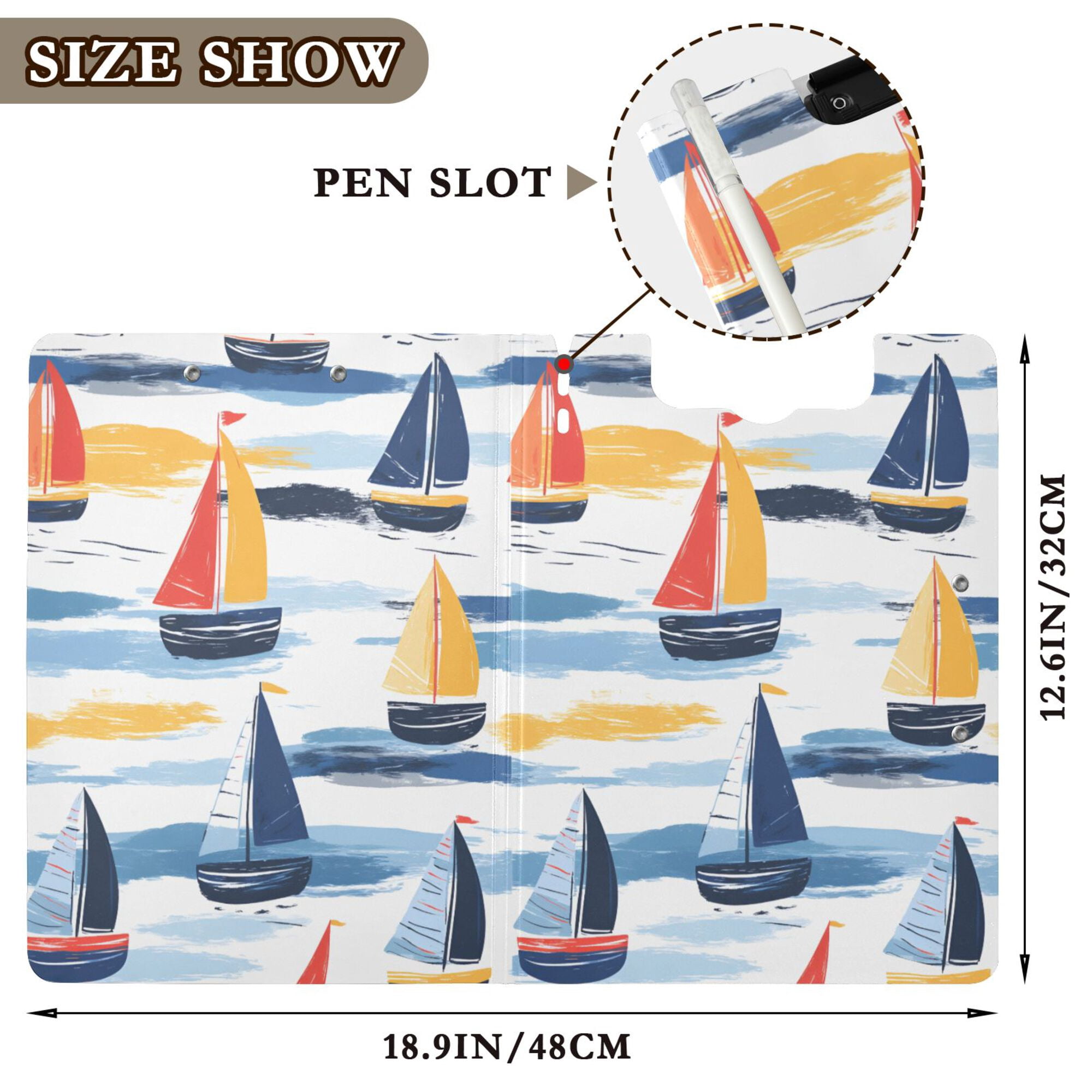 FORMRS A4 Clipboard Folder with Pen Holder Horizontal Foldable School Office Binder, Orange Hand Drawn Sailboats