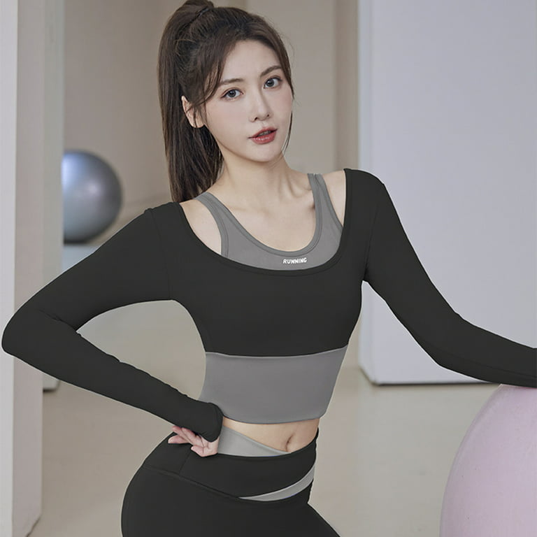 IROINNID Discount Dry Fit Shirt Women Long Sleeve Gym Clothes for Women  Yoga Fast Dry Running Tight Fake Two Sports With Fixed Chest Pad Sports  Shirt