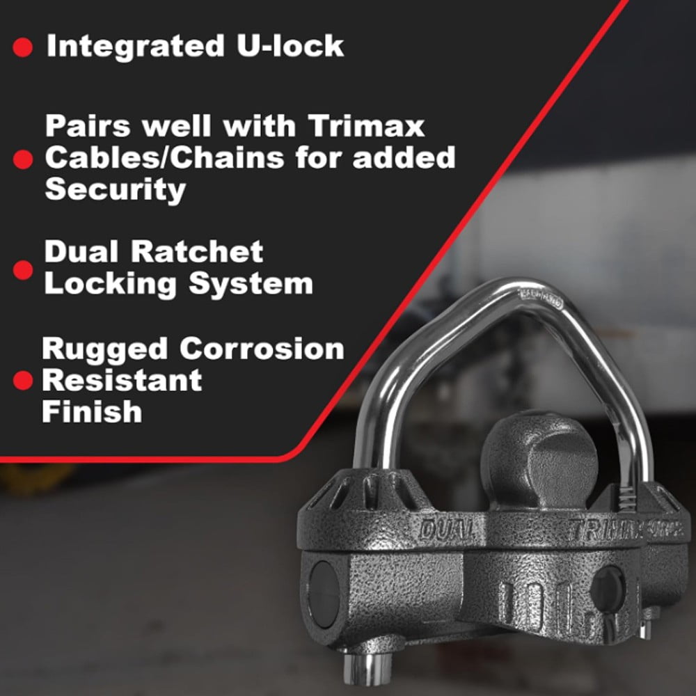TRIMAX UMAX50 - Deluxe UNIVERSAL Dual-Purpose Trailer Coupler Lock w/ Integrated U-Lock Feature: 9/16″ Hardened Steel Shackle