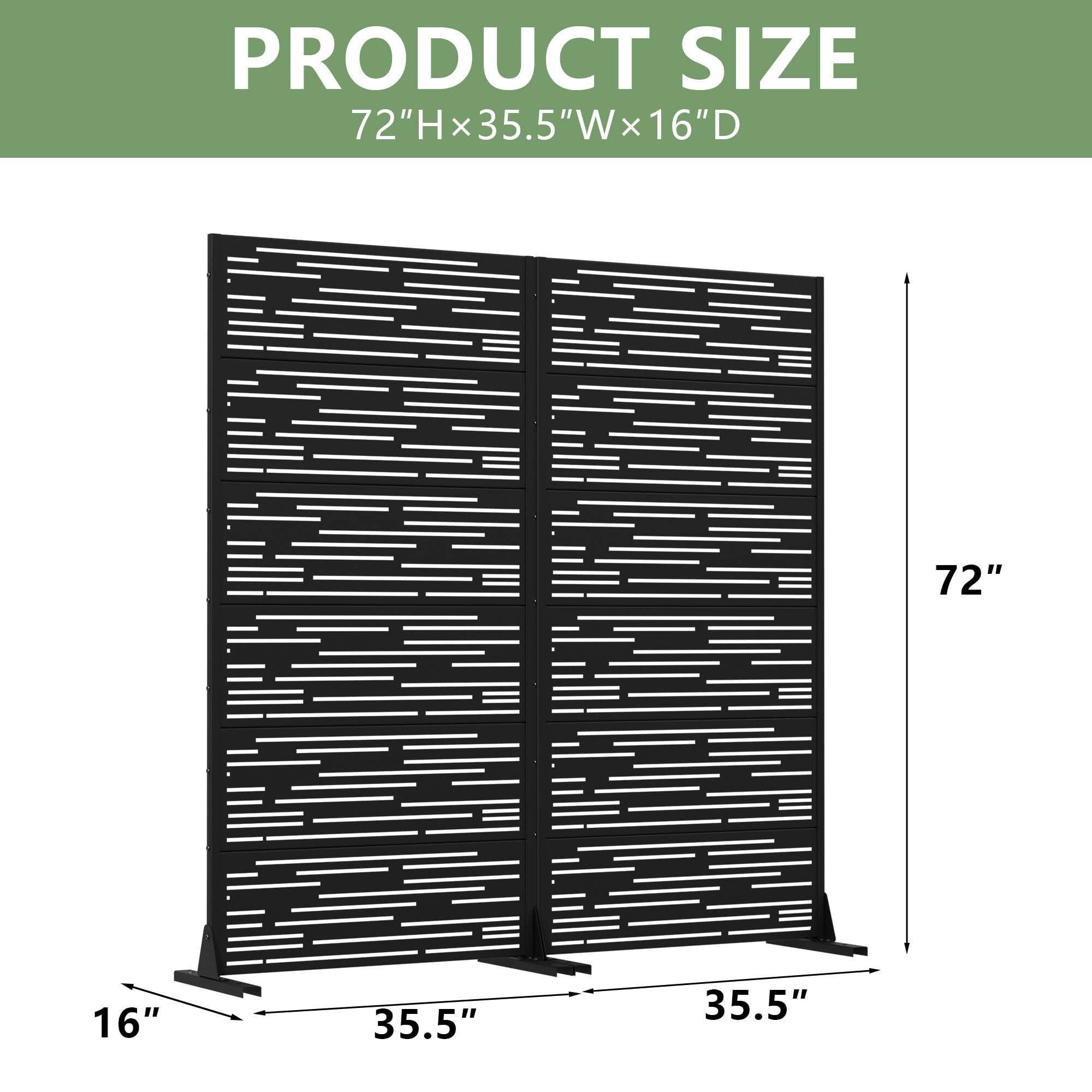 MAYEERTY 2-Piece Outdoor Metal Privacy Screen 6ft × 3ft Black, 6-Panel Light & Shadow Pattern, Rust-Resistant for Garden