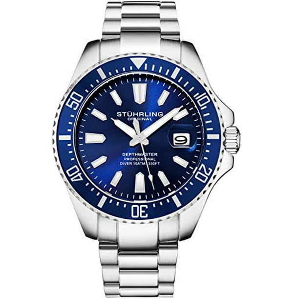Men s Diver Silver Case Blue Dial Blue Bezel Stainless Steel Bracelet Watch