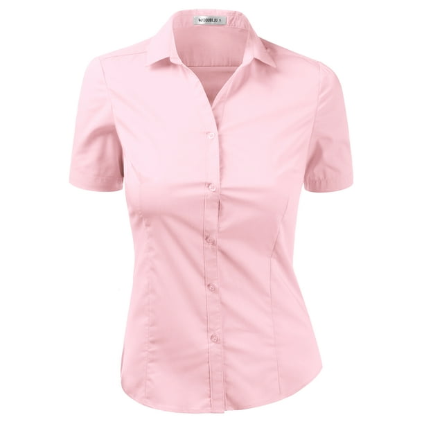 DOUBLJU Women's Slim Fit Plain Classic Short Sleeve Button Down Collar Shirt Blouse