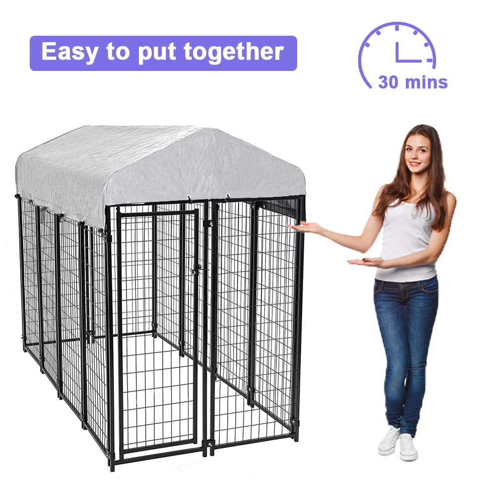 8x4x6 Ft Heavy Duty Metal Dog Kennel Outdoor Playpen, Galvanized Welded Pet Cage with UV Waterproof Cover, Secure Camping Fence for Large Dogs, Black