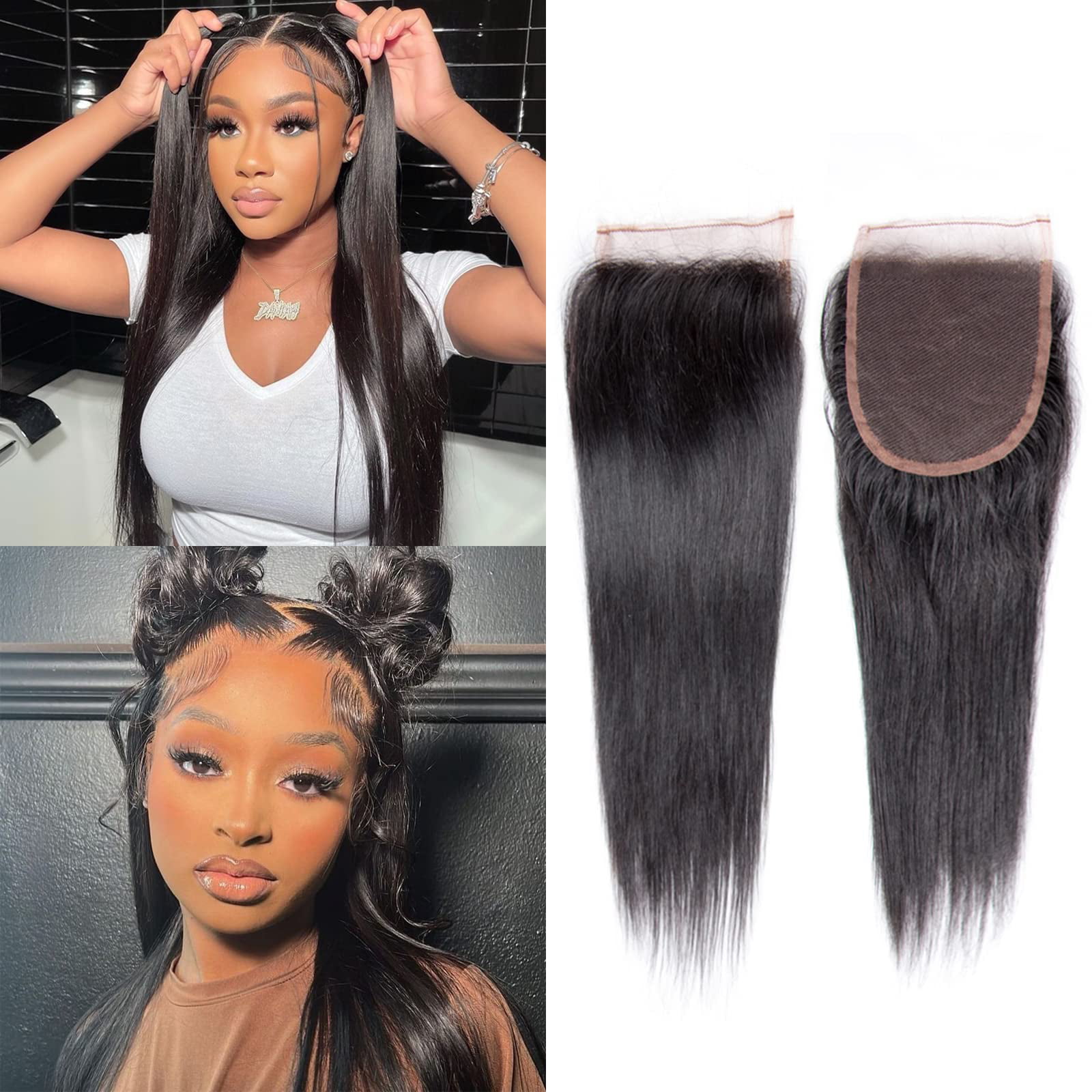 4x4 HD Lace Frontal Closure Straight Human Hair 14 inch Brazilian Virgin Hair  Extensions Unprocessed Invisible HD Lace 150% Density Natural Color Pre- Pulled Baby Hair for Black Women 