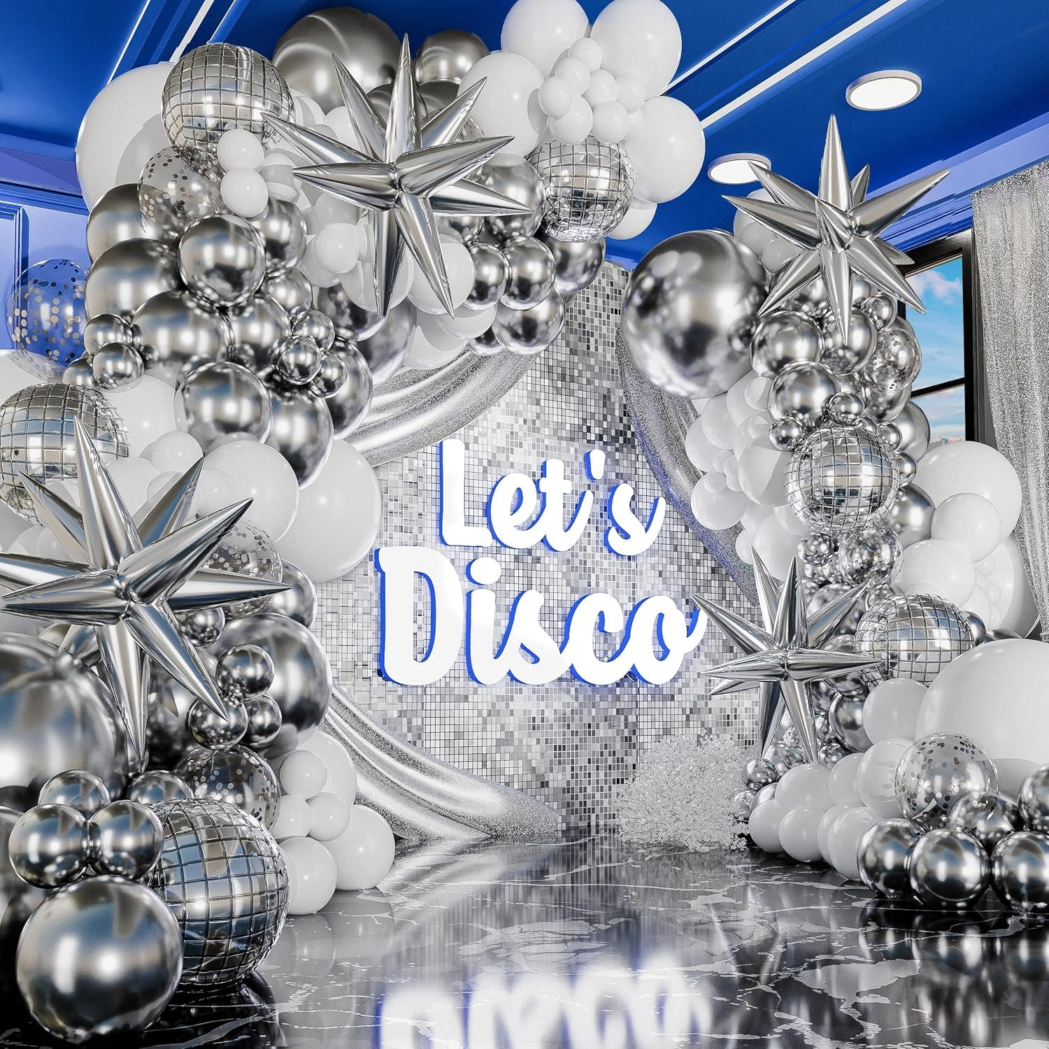 Disco Balloon Arch Kit With Ball Garland For Party Decorations Silver And White Balloons