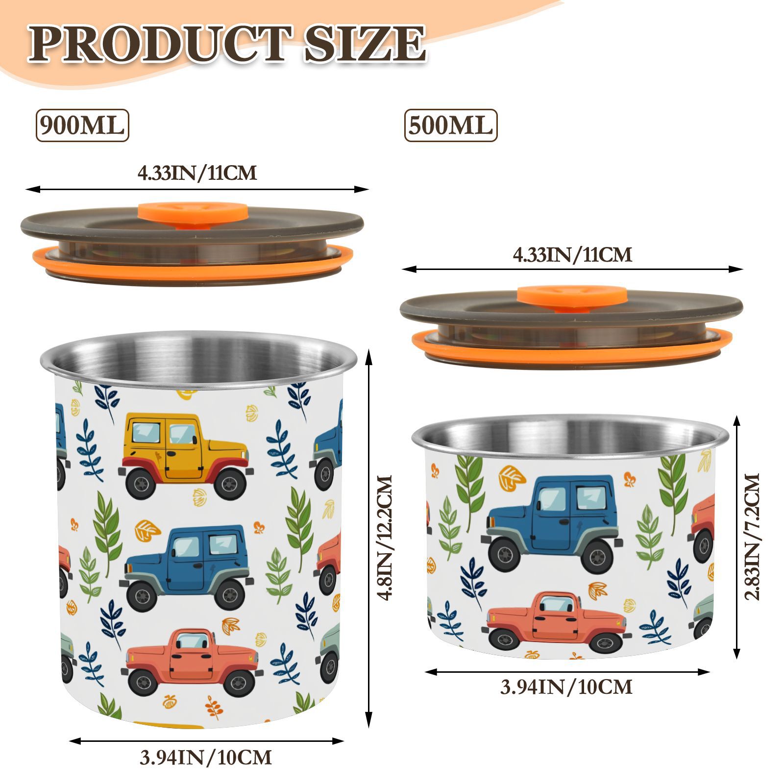 Colorful Truck Leaves Airtight Coffee Bean Canister 30oz Food Storage Containers with Lids For Gournd, Tea, Sugar, Flour, Rice, Cereal, Candy Cookie Jar