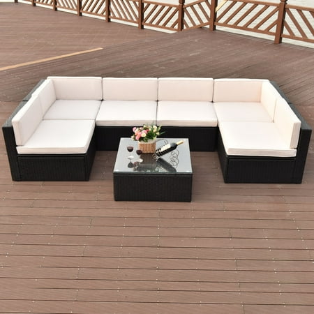 Costway 7 Piece Patio Rattan Wicker Furniture Set Sectional Sofa with Cushions