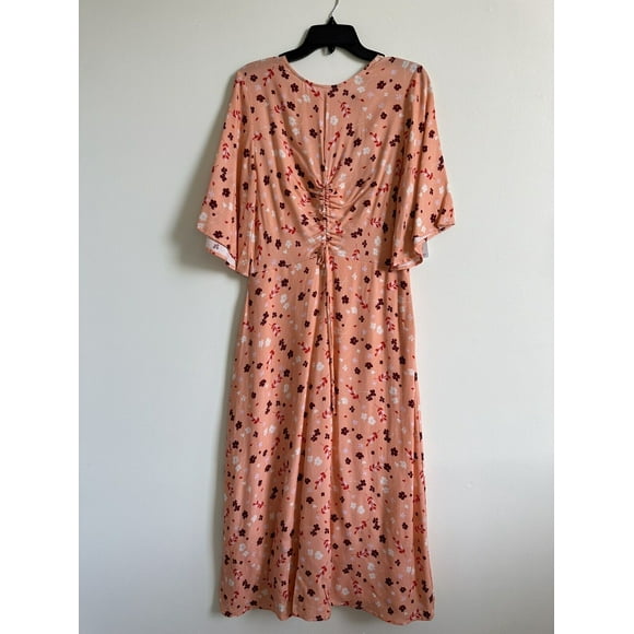 NSR Women's Short Sleeve Midi Dress Pink Coral Flora Floral Print Size L, NWT