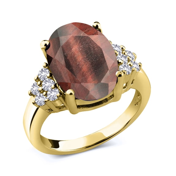 Gem Stone King 4.40 Ct Red Tiger Eye White Created Sapphire 18K Yellow Gold Plated Silver Ring (Size 6)