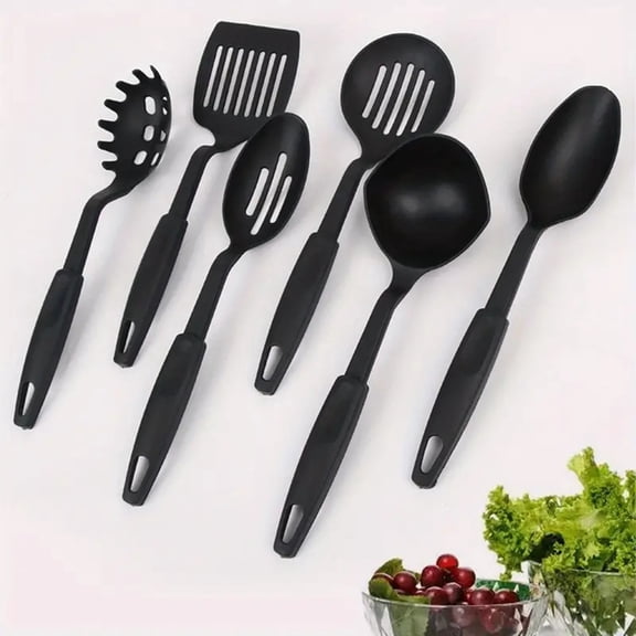 Bxaolu Cooking Utensils Set of 6, Plastic Kitchen Utensils with Handle, Non-stick Cookware Friendly,Heat Resistant, Includes:Spatula/Turner/Serving Spoon/Soup Ladle/Slotted/Spaghetti Server(Black)