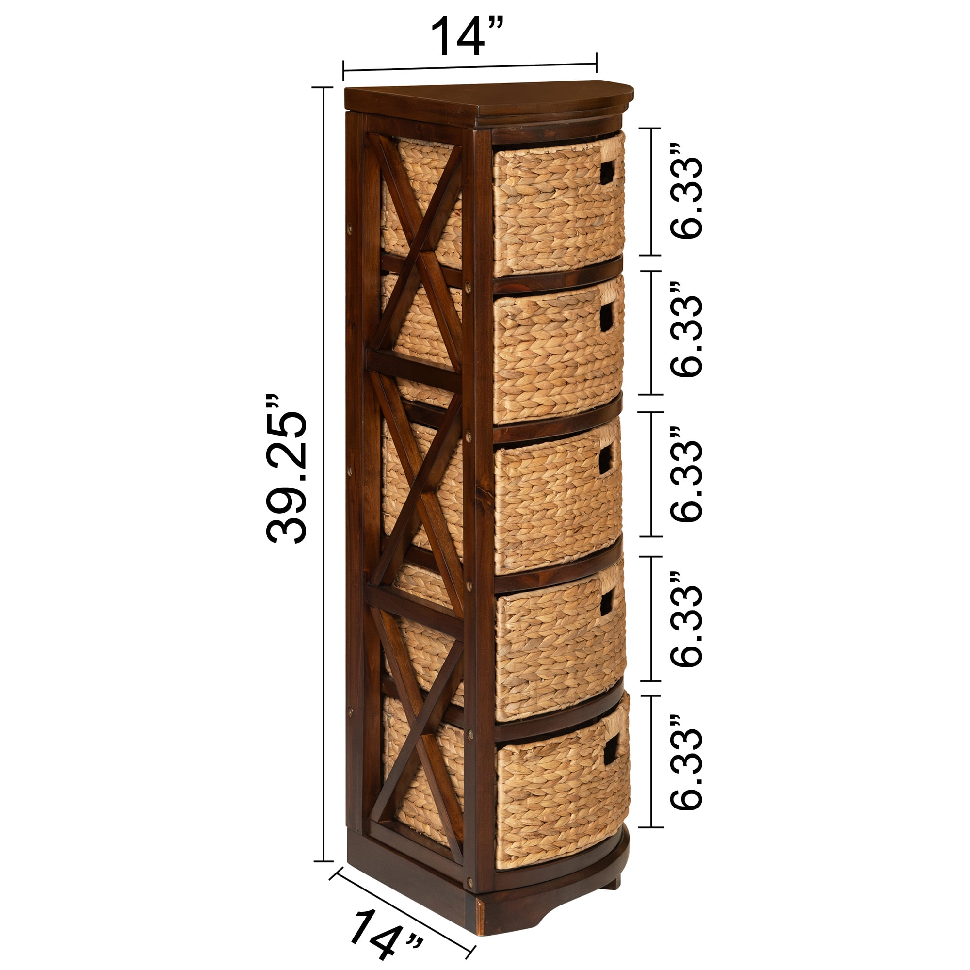 eHemco Hampton Meadows 5 Tier X-Side Corner Storage Cabinet with 5 Wicker Baskets, Walnut