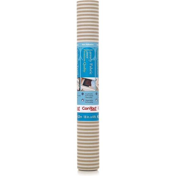 Brand Luxury Fabric Liners, Non-Adhesive Drawer and Shelf Liner, Multi-Functional Protective Liner, 18" x 4', Pajama Stripe Tan, Pack of 1 Roll