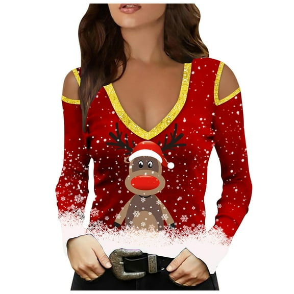 Womens Christmas Tops Shirts Long Sleeve Casual V-Neck Print Pullover Cold Shoulder Santa Xmas Tees Blouses
