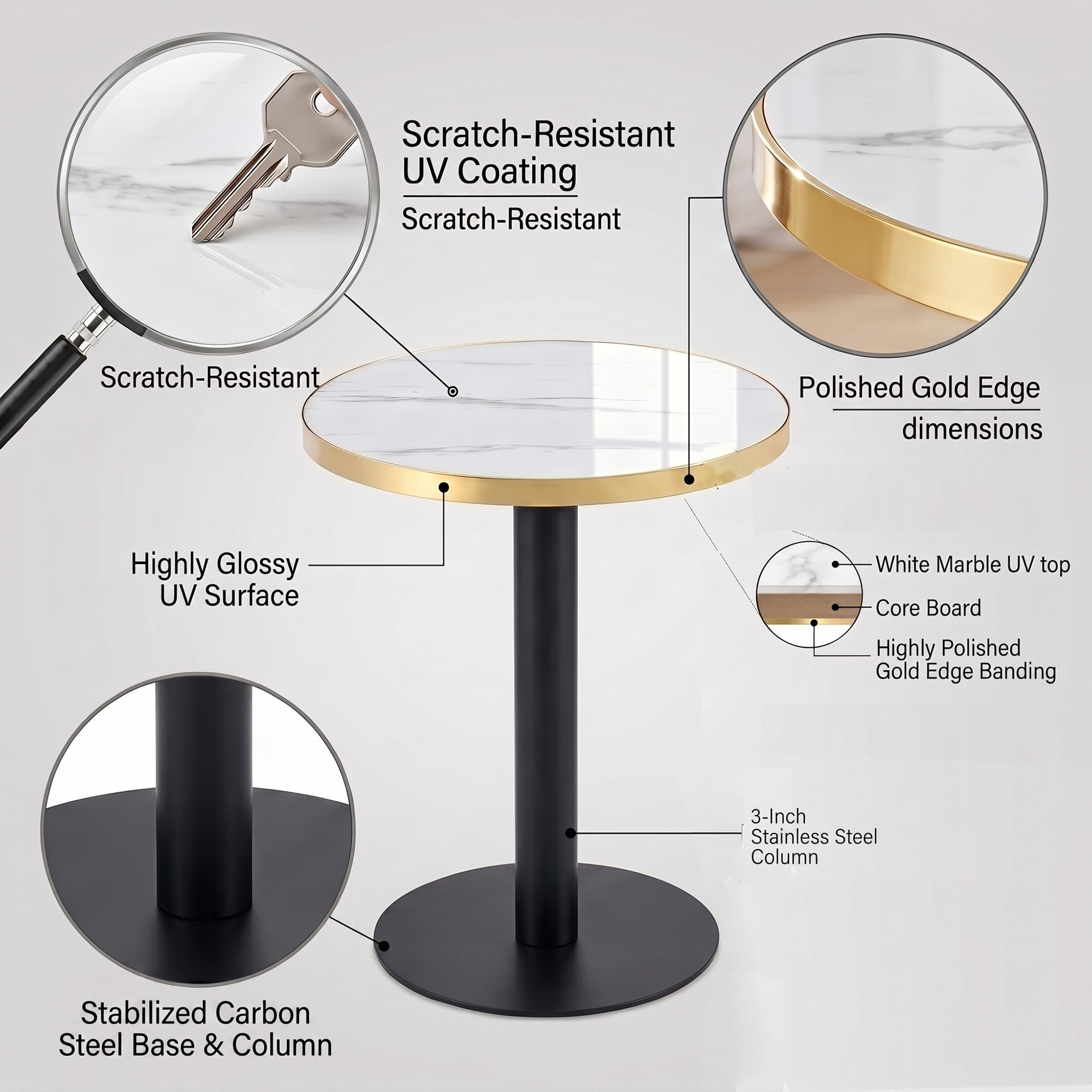 23.6" Round MDF sprayed with UV paint countertop, marble texture, stainless steel edging, metal table legs, modern light luxury edge/coffee table.