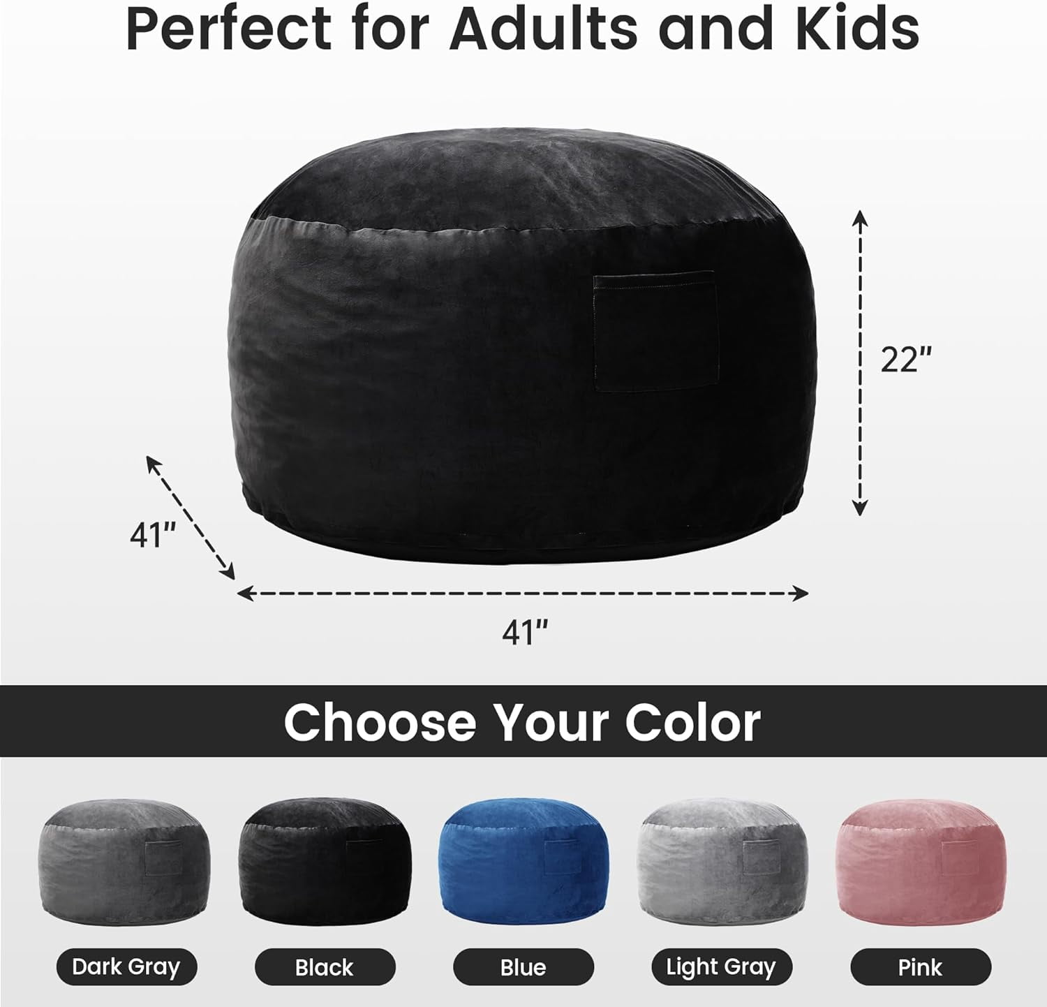4 FT Bean Bag Chair for Adults, Teens, or Kids, Adult Size Beanbag Chair, Luxurious Memory Foam Filling, Washable Velvet Cover, Perfect for Living Room, Den, Bedroom, or Dorm, Black