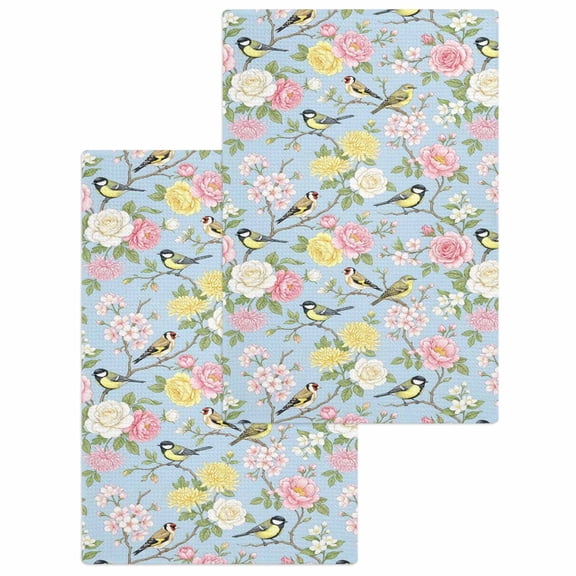 Blue Spring Floral Kitchen Dish Towels for Drying Dishes Set of 2, Elegant Farmhouse Flowers Birds Watercolor Waffle Weave Microfiber Hand Tea Bathroom Towels Quick Dry & Absorbent Towel 15.7x23.6