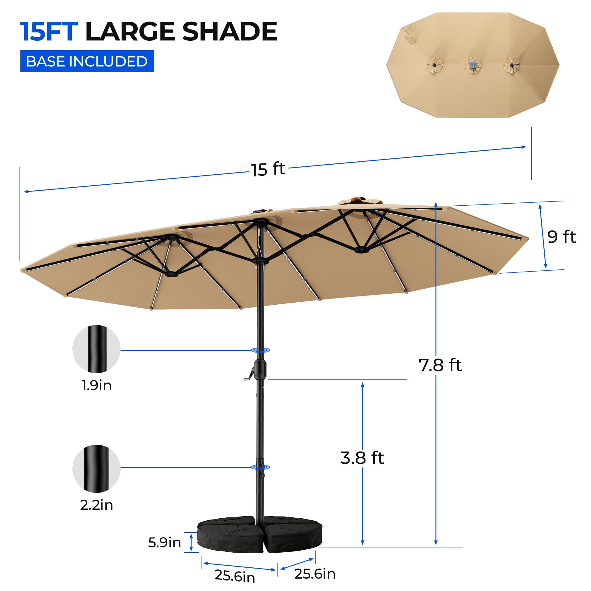 TASKBAY Patio Umbrella 48 LED Colorful Lights, 15ft Double Sided Outdoor Large Rectangular Patio Umbrella with Crank Handle, for Lawn Garden, Home, Outdoor Activities, Beige(with Base)
