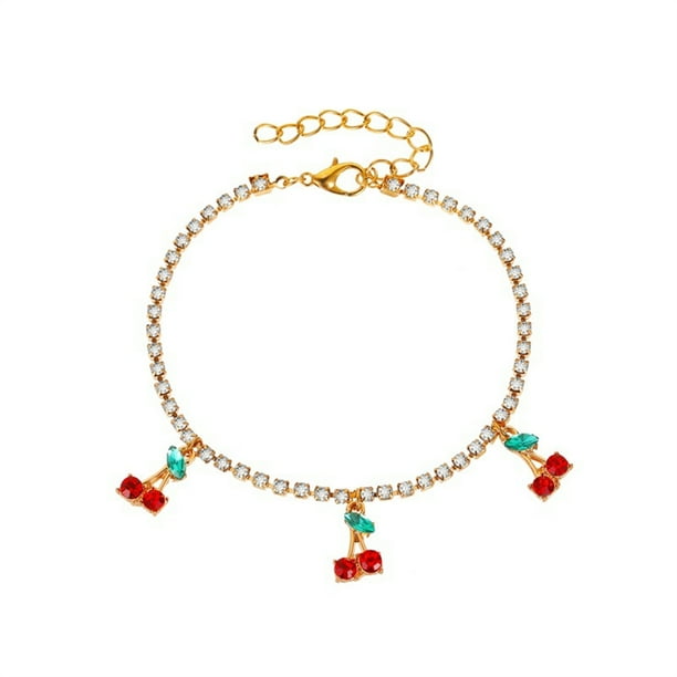 Rhinestone Anklet Pulseras Tenis Cadena Cereza Pulsera Cristal Anklet Pie Cadena Pulsera Cristal Brazalete Rhinestone Boda Nupcial para Mujeres Joyería del Cuerpo