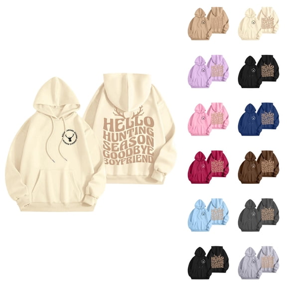 Hello Hunting Season Goodbye Boyfriend Hoodies for Women Fall Winter Long Sleeve Hooded Sweatshirt with Pockets Pullover Tops
