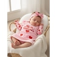 thumbnail image 6 of BemeyourBBs 3Pcs Newborn Girl My First Valentine Day Outfit Spring Clothes Ruffle Long Sleeve Crew Neck Heart Print Romper Tank Overall Dress and Headband Set, 6 of 9