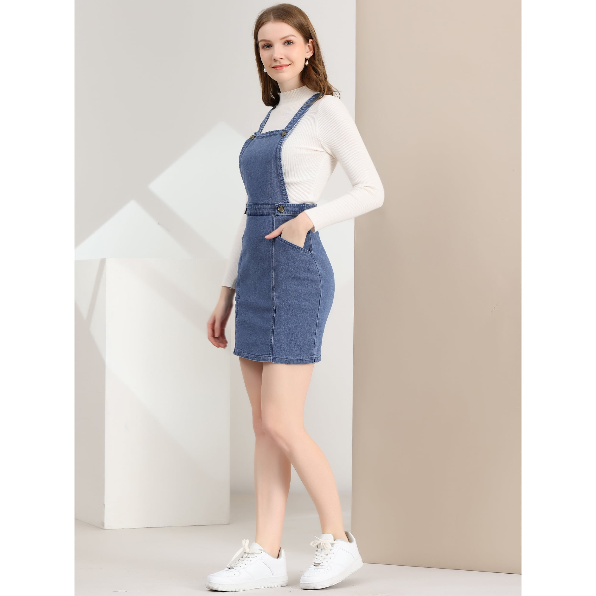 Unique Bargains Robes Classiques Femmes Ensemble Reglable Sangle une Ligne Bretelles Robe en Jean Walmart