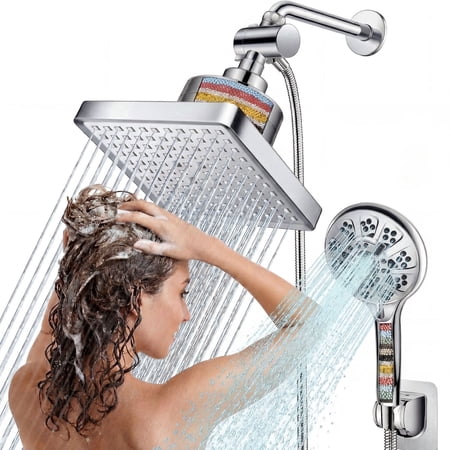 Dual Filtered Rain Shower Head, High Pressure 10 Modes Handheld Shower Head Built in Water Filter for Hard Water