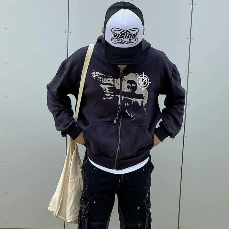 Y2K Star Letter Print Hoodie Men Fashion Zip Up Long Sleeve Oversized Jacket Coat Harajuku Gothic