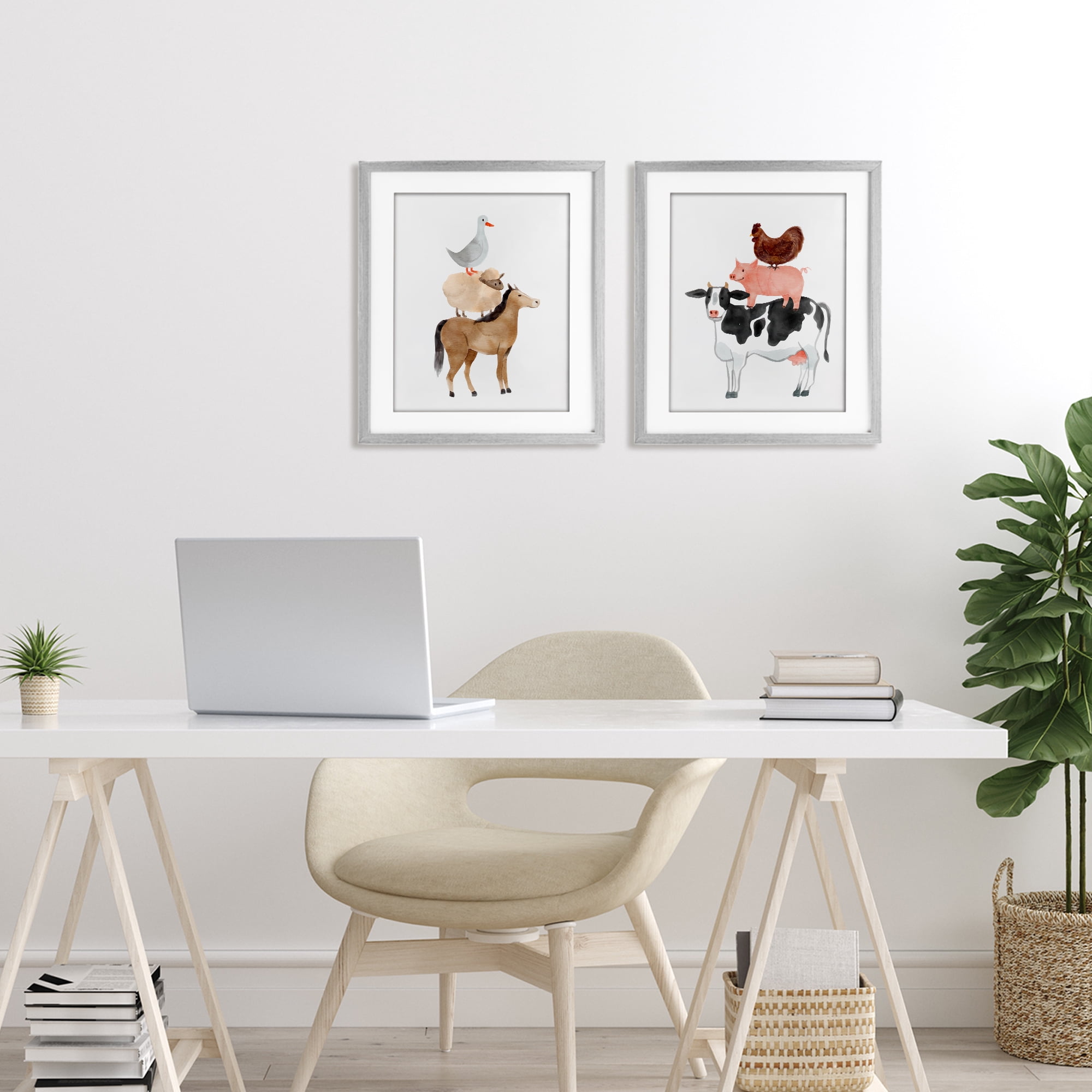 Stupell Industries Whimsical Farm Life Stacks 2 Piece Gray Framed Print Under Glass Set, design by Kim Allen