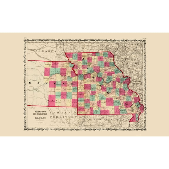 Historic State Map - Missouri Kansas - Johnson 1860 - Vintage Wall Art