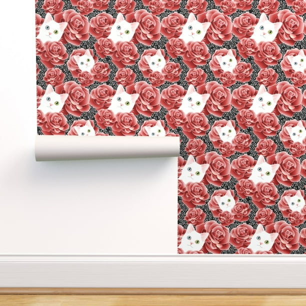 Removable Water Activated Wallpaper Cat Crazy Lady Floral Pink Roses Toille Walmart Com Walmart Com